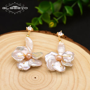 GLSEEVO Fresh Water Baroque Pearl Flower Shape Drop Earrings