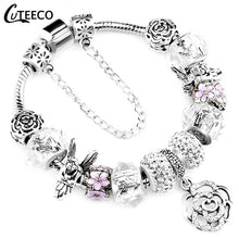 Load image into Gallery viewer, Silver Crystal Flower Bead Charms Bracelet
