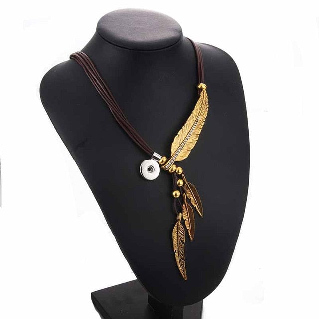 Leather Feather Shape Snaps Pendant Necklace