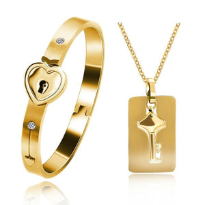 Uloveido Stainless Steel Lock and Key Matching Necklace and Bracelet