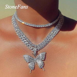 Cuban Link Chain Rhinestone Choker Necklace With Butterfly Pendant