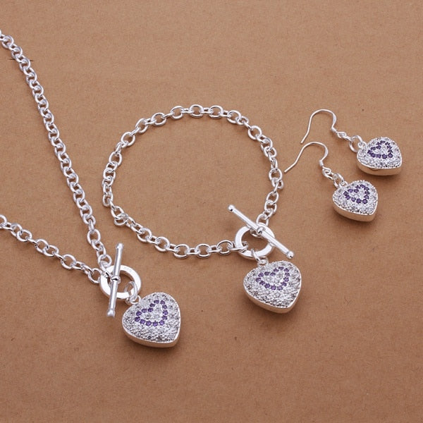 Ginstonelate Sterling Silver Crystal Heart Jewelry Set