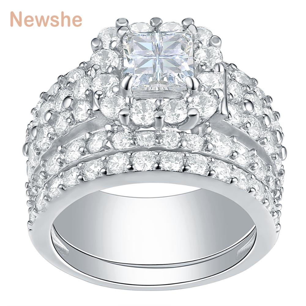 Newshe Halo AAA Zirconia Sterling Silver Ring Set