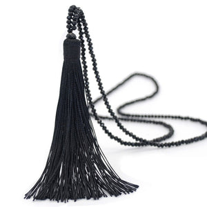 Long Fringe Tassel on Glass Beads Necklace